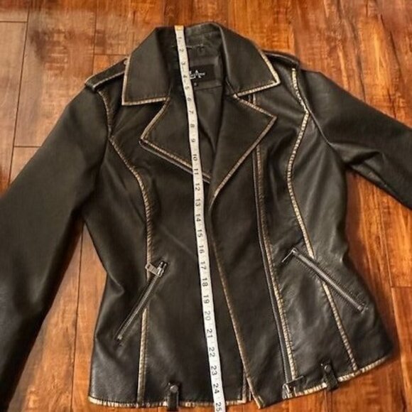 LA Coalition Dark Brown Faux Leather Moto Streetwear Edgy Tan Stitching Jacket S - Picture 9 of 9